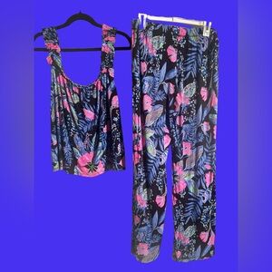 Lilly Pulitzer Black Tropical Floral Pajama Set with Pink & Blue Accents
